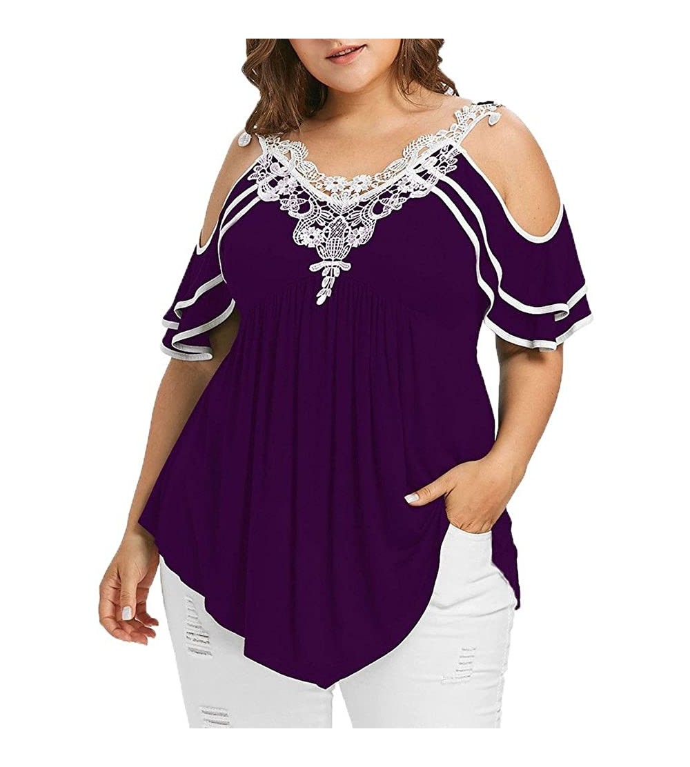 Sets Plus Size Henley V Neck Lace up Tops Patchwork Casual Short Sleeve Blouse Shirts - Ruffle Cold Shoulder Purple - C118WK7...
