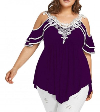 Sets Plus Size Henley V Neck Lace up Tops Patchwork Casual Short Sleeve Blouse Shirts - Ruffle Cold Shoulder Purple - C118WK7...