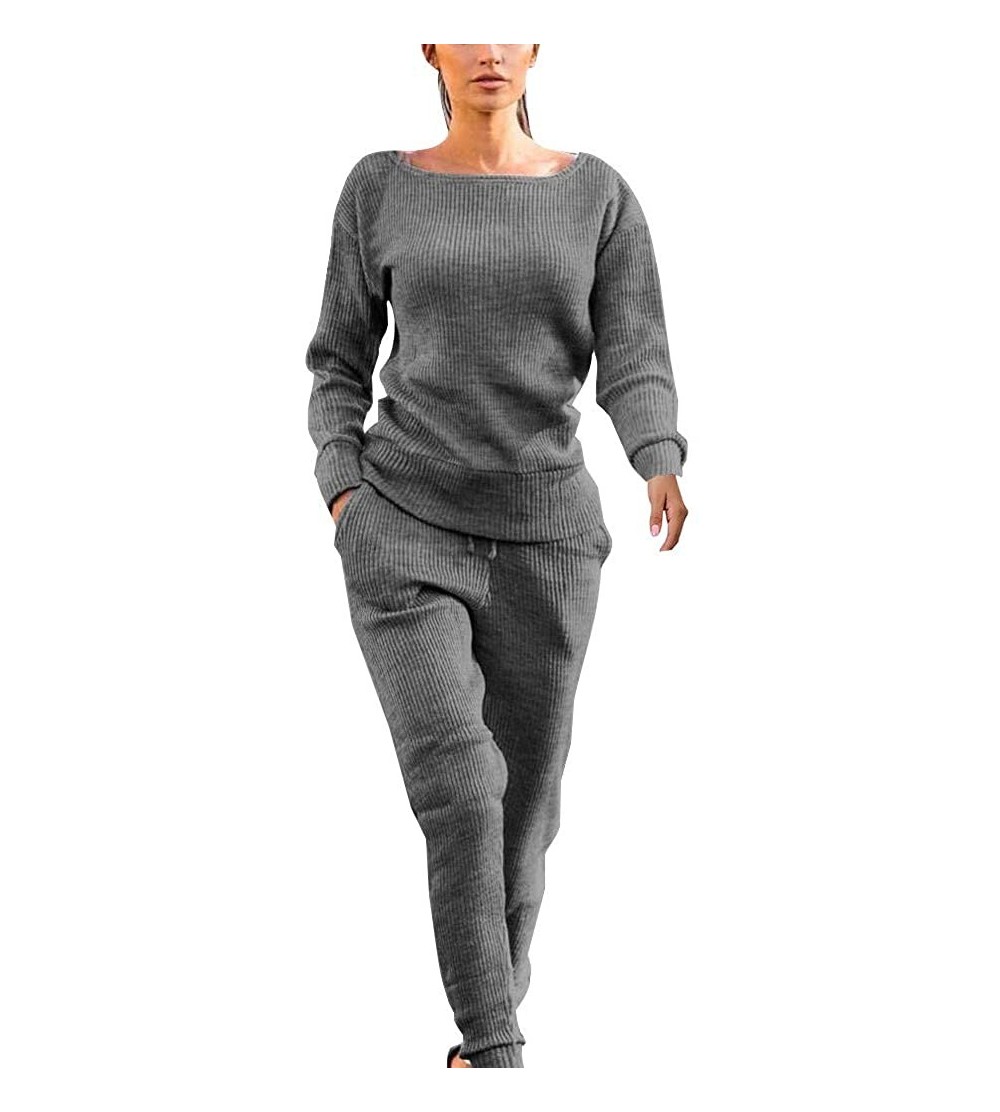Sets Casual Womens Autumn and Winter Trousers Set Long Sleeve Crop Tops + Pants Suit - Gray - CG192SQ4EDC $27.31