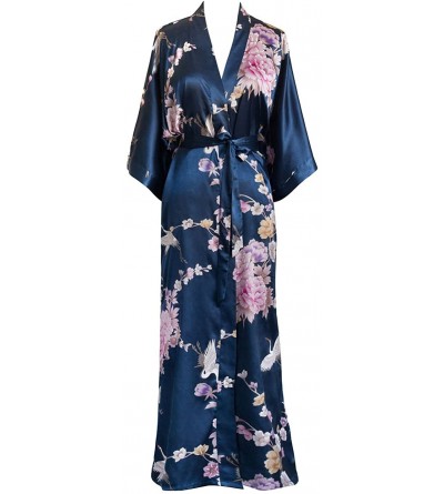 Robes Women's Satin Kimono Robe Long - Floral - Chrysanthemum & Crane - Navy - CP12I3NGI17 $32.20