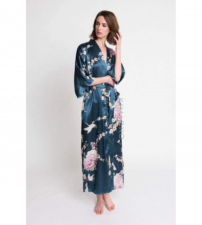 Robes Women's Satin Kimono Robe Long - Floral - Chrysanthemum & Crane - Navy - CP12I3NGI17 $32.20