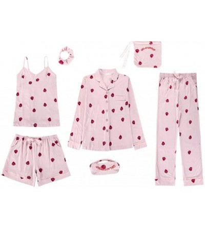 Sets Women's Silk Satin Pajamas Long Sleeve Sleepwear 7pcs Pajama Set Loungewear - Champagne Strawberry - CT194GKE03C $26.15