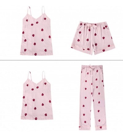 Sets Women's Silk Satin Pajamas Long Sleeve Sleepwear 7pcs Pajama Set Loungewear - Champagne Strawberry - CT194GKE03C $26.15