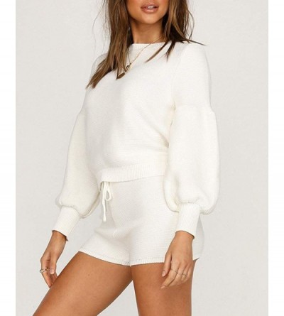 Sets Women's Rib Knit Sets Rompers Long Puff Sleeve Tops and Drawstring Shorts Two Piece Outfits - White - CI190R3QDO3 $28.50