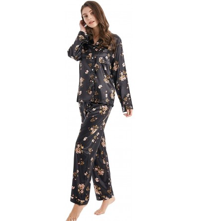 Sets Women's Classic Satin Pajama Set Sleepwear Loungewear - Black With Flower Pattern - C218NI3XCNI $19.34