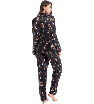 Sets Women's Classic Satin Pajama Set Sleepwear Loungewear - Black With Flower Pattern - C218NI3XCNI $19.34