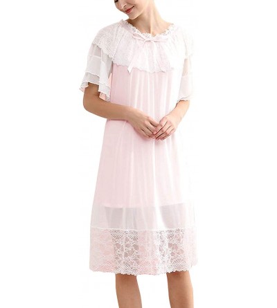 Nightgowns & Sleepshirts Women's Lace Vintage Nightgown Victorian Short Sleeve Loungewear Soft Pajama Dress - Pink - C618T79Q...