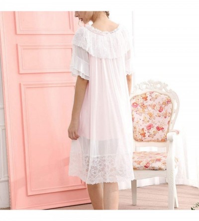Nightgowns & Sleepshirts Women's Lace Vintage Nightgown Victorian Short Sleeve Loungewear Soft Pajama Dress - Pink - C618T79Q...