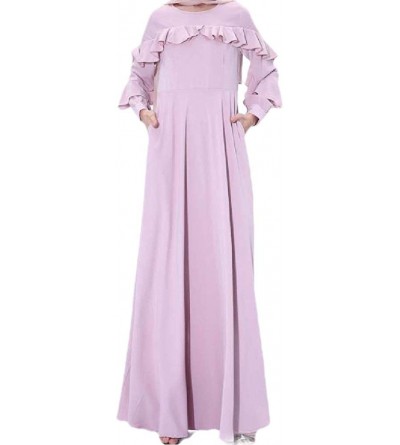 Robes Women Muslim Solid Colored Arab Dubai Ruffle Islamic Kaftan Dresses - Pink - CQ1990T5A6S $42.25