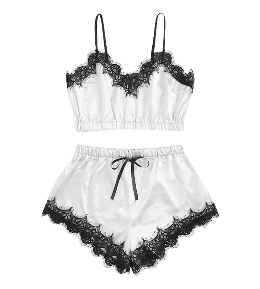 Sets Sexy Sleepwear Set for Women 2PC Lingerie Lace Trim Satin Cami Top Pajama Sets - White - CS18Z84A96R $11.79