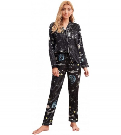 Sets Women's Long Seeve Button Down Shirt and Pants Satin Galaxy Print Pajama Set - Black - CA19G7WZMNM $26.84