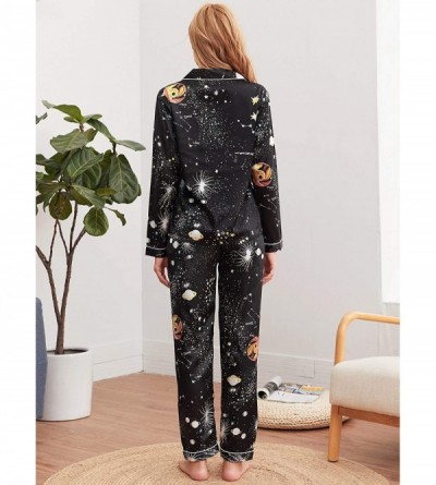 Sets Women's Long Seeve Button Down Shirt and Pants Satin Galaxy Print Pajama Set - Black - CA19G7WZMNM $26.84