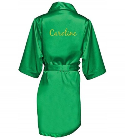 Robes Women's Personalized Glitter Print Satin Robe Name or Phrase - Bride & Bridesmaid Kimono Robe - Green Emerald - CP182A7...