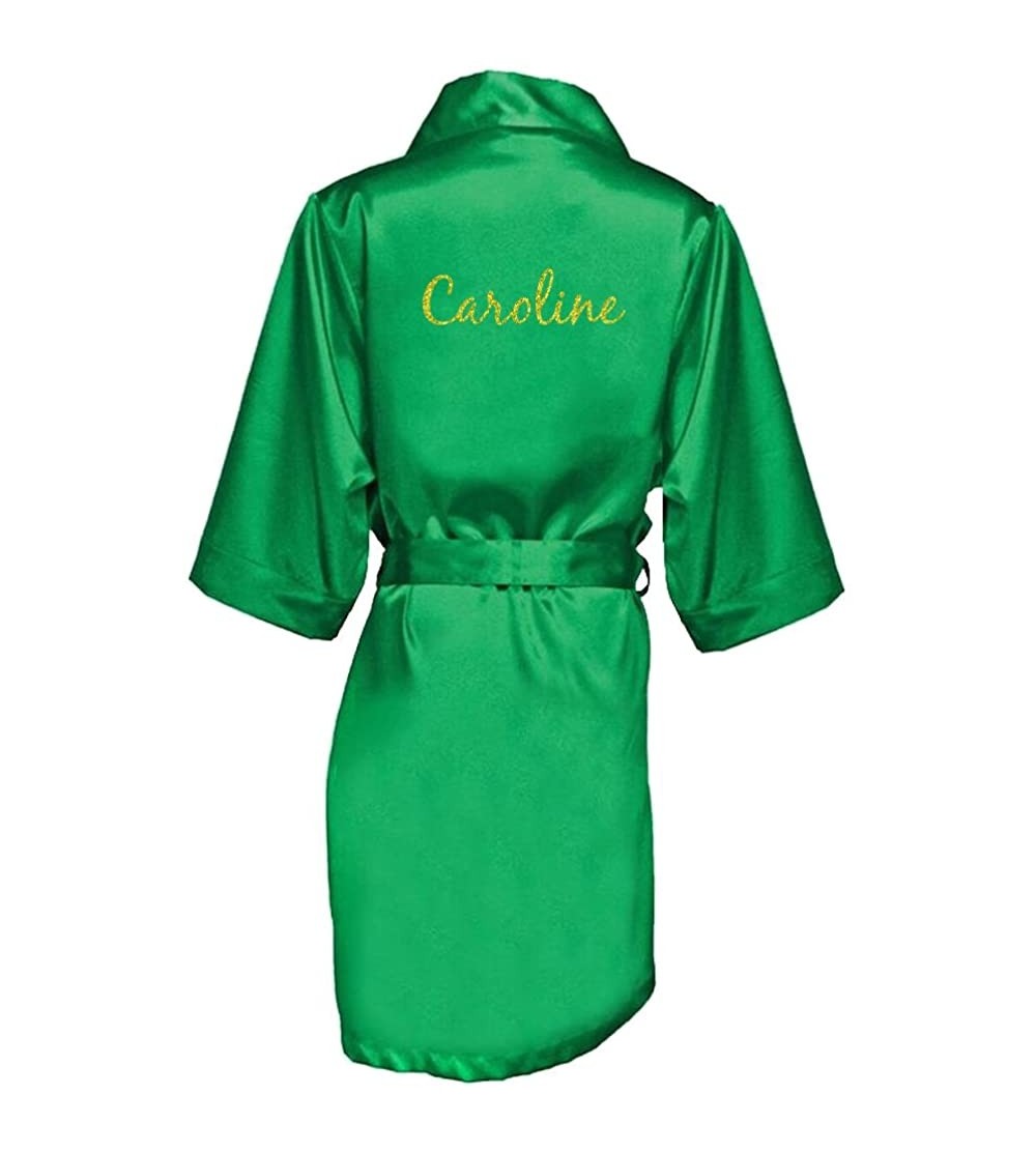Robes Women's Personalized Glitter Print Satin Robe Name or Phrase - Bride & Bridesmaid Kimono Robe - Green Emerald - CP182A7...