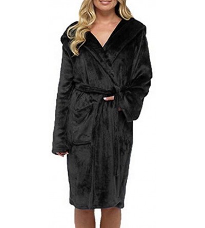 Robes Plush Nightwear Robe Fall-Winter Hooded Fleece Belted Bathrobe - Black - C8199GA88YX $32.22