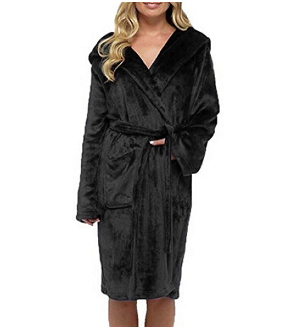 Robes Plush Nightwear Robe Fall-Winter Hooded Fleece Belted Bathrobe - Black - C8199GA88YX $32.22