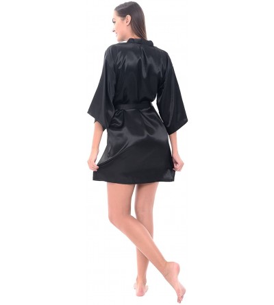 Robes Womens Satin Solid Colored Robe- Mid-Length Dressing Gown - Black - CS12EF3S4F7 $30.14
