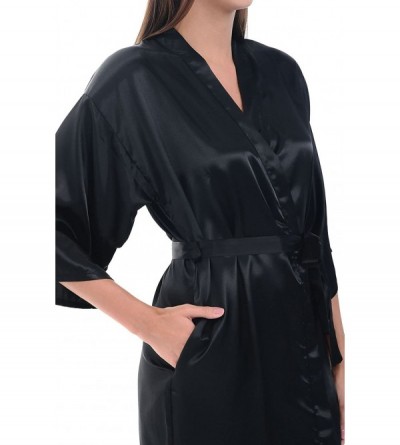 Robes Womens Satin Solid Colored Robe- Mid-Length Dressing Gown - Black - CS12EF3S4F7 $30.14