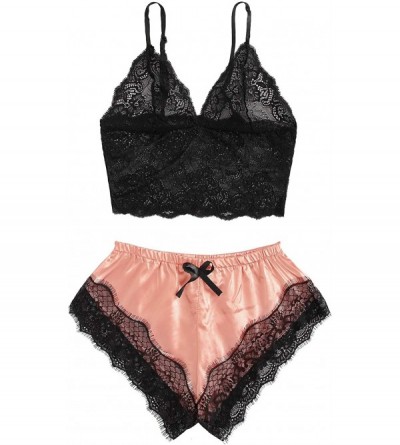 Sets Women's Lace Cami Top with Shorts with Panties 2 Piece Set Sexy Lingerie Pajama Set - Black Dark Pink - CV19G35LGW5 $17.64