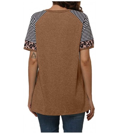 Thermal Underwear Women Short Sleeve Twist Knot Blouse Casual Leopard Colorblock Tunics Loose Tops T Shirt - Coffee - CE197HZ...