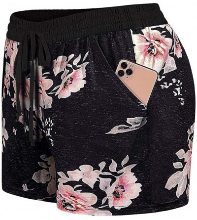 Bottoms Ladies Summer Flower-Print/Solid Color Pocket Casual Wide-Leg Pants Shorts Pajama Shorts - Pink - CJ19C2906GX $22.28