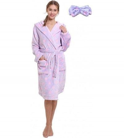 Robes Women's Plush Fleece Robe with Hood- Luxurious Warm Spa Bathrobe Matching Headband - Purple - C318UYWKTRX $54.16