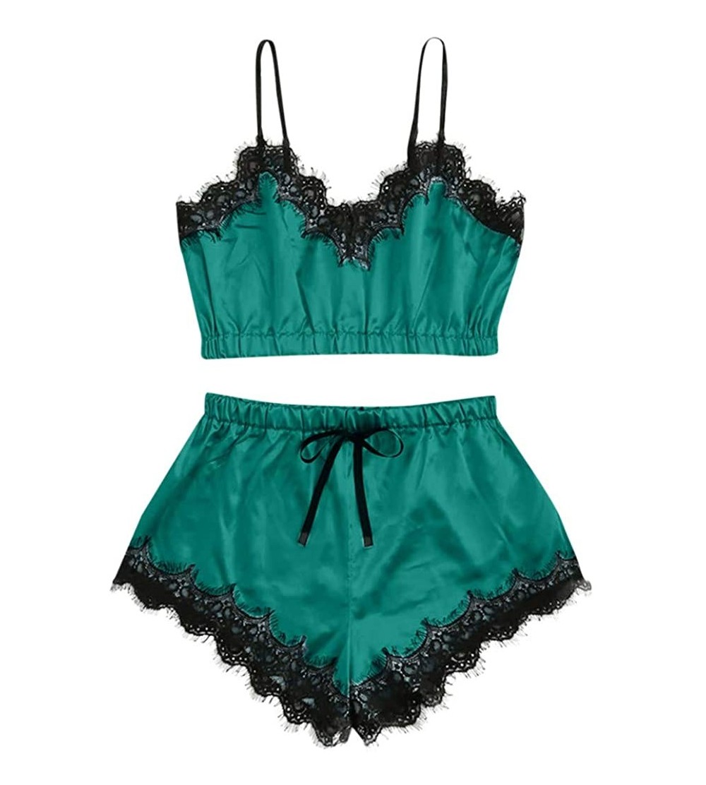 Sets Womens Lace Trim Satin Sleepwear Sexy Silk Lingerie Straps Bralette Panty Set Cami Top & Shorts Pajama Set Green - CM18Z...