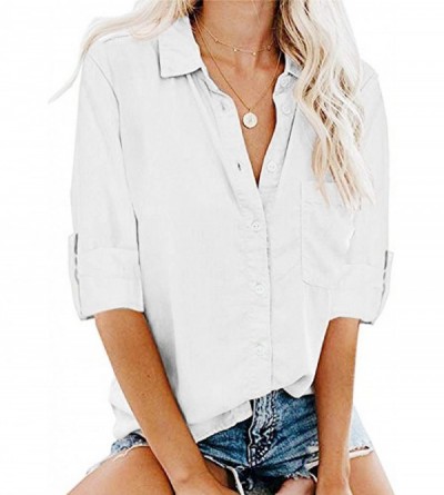Thermal Underwear Womens Button up Long Sleeve Tunic T-Shirt Dress Casual Loose Collar Blouse Tops - White - CO194SNA4S3 $17.91