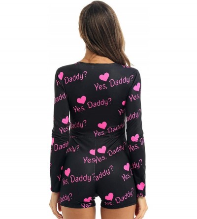 Nightgowns & Sleepshirts Womens Long Sleeves Leotard Bodysuit Romper Letters/Leopard Printed Catsuit Nightear - Black - CP19C...