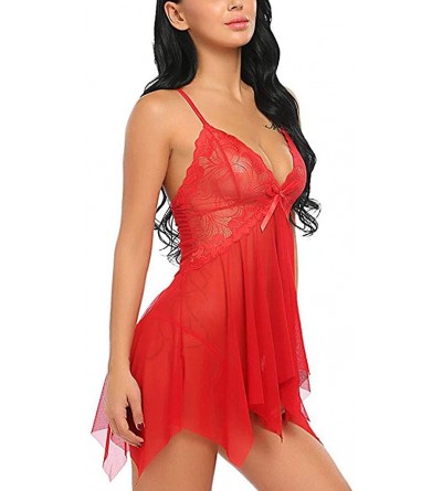 Nightgowns & Sleepshirts Babydoll Lingerie for Women Front Closure Lace V Neck Sleepwear Nightdress Nightgown - B_red - C8195...