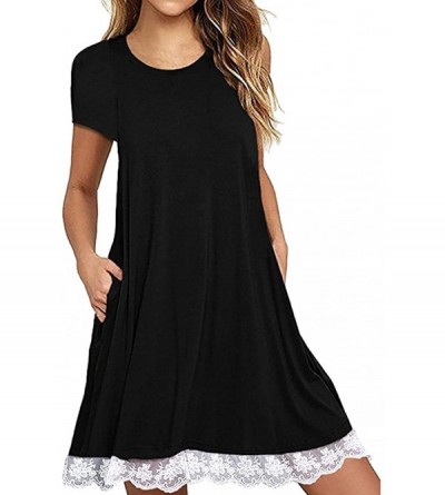 Nightgowns & Sleepshirts Women Casual Lace Short Sleeve O Neck Mini Dress Loose Party Dress - Black - CU18GTSYM88 $31.92