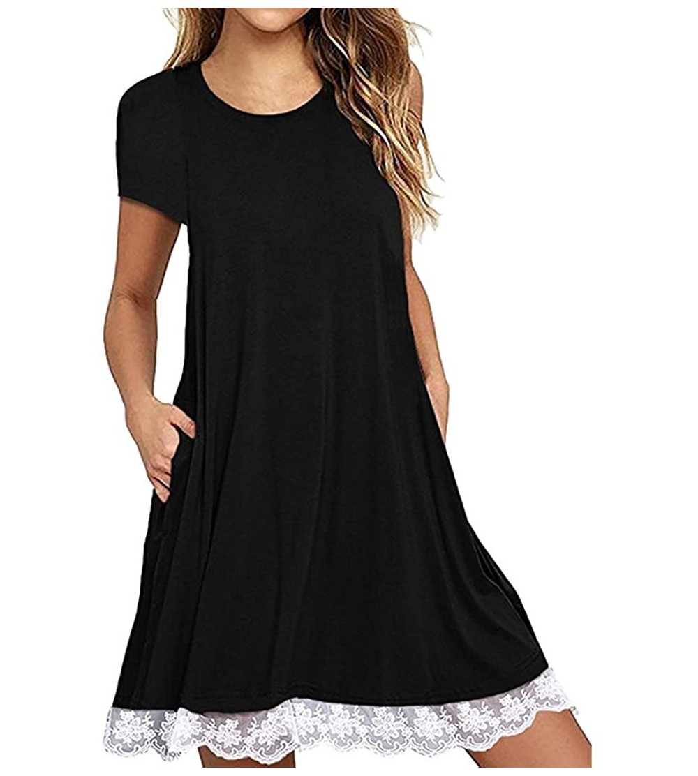 Nightgowns & Sleepshirts Women Casual Lace Short Sleeve O Neck Mini Dress Loose Party Dress - Black - CU18GTSYM88 $19.80
