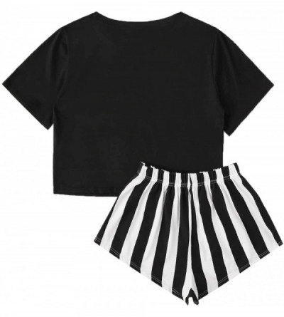 Sets Women's Sleepwear Letter Print Tee and Stripe Shorts Casual Pajama Set - Black and White - CZ19798AI3Y $19.70