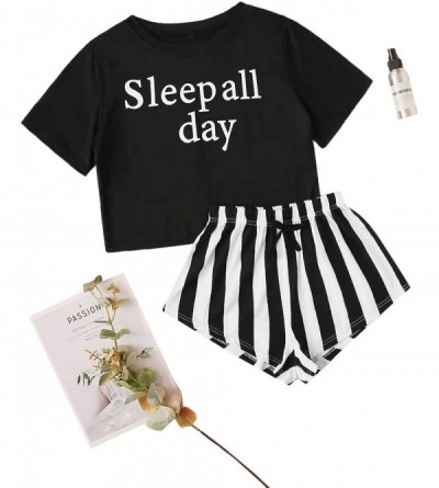 Sets Women's Sleepwear Letter Print Tee and Stripe Shorts Casual Pajama Set - Black and White - CZ19798AI3Y $19.70