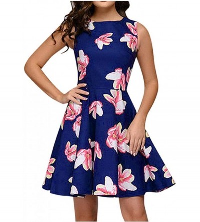 Tops Women's Vintage Patchwork Round Neck Sleeveless Puffy Swing Casual High Waist Floral Party Dress - Navy - C7196M0LSM9 $1...