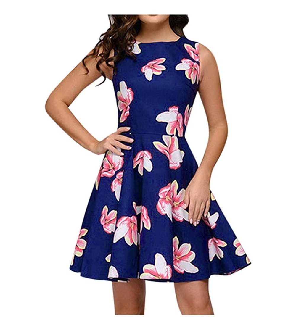 Tops Women's Vintage Patchwork Round Neck Sleeveless Puffy Swing Casual High Waist Floral Party Dress - Navy - C7196M0LSM9 $1...
