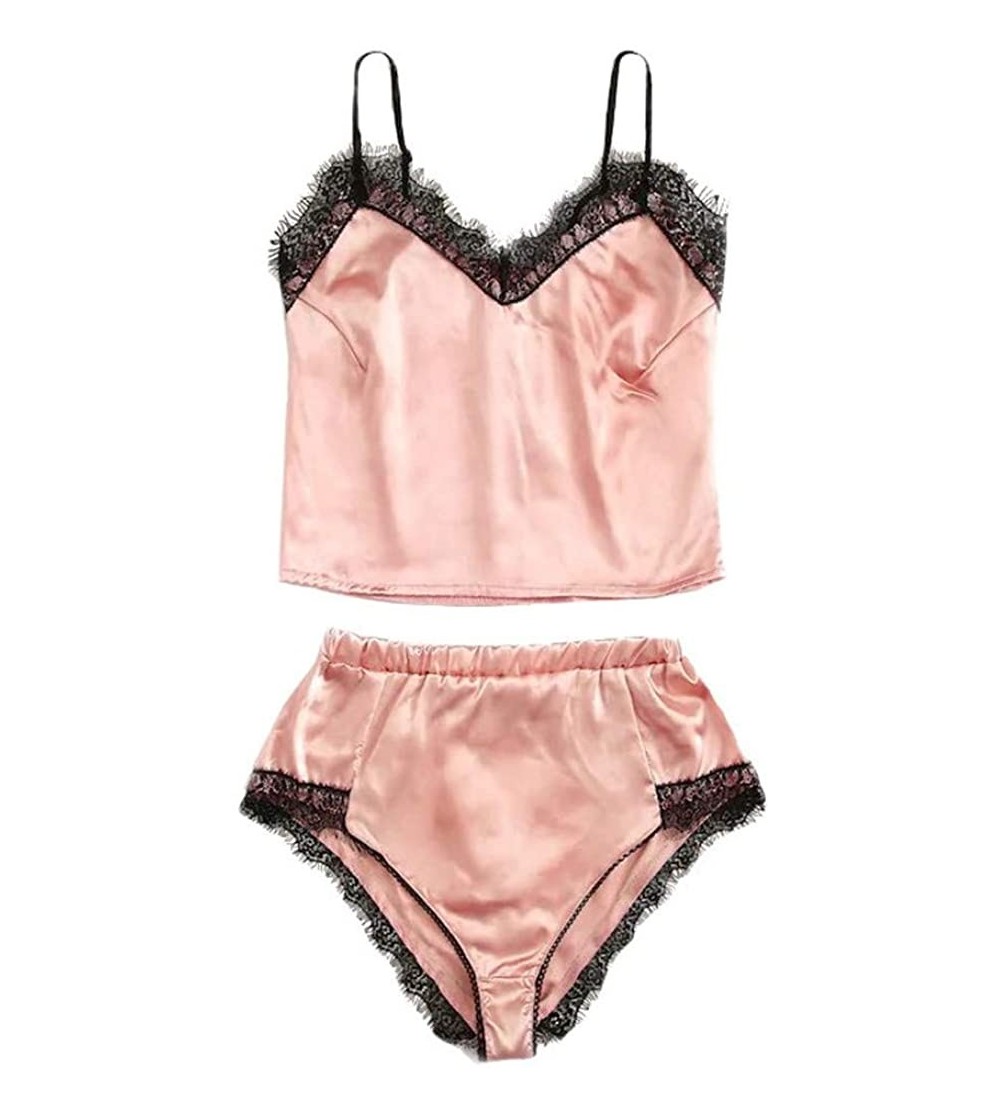 Sets Sexy Women Satin Pajamas Set Plus Size Ladies Lace Camisole Bow Shorts Set Casual Sleepwear Lingerie 3XL 8XL - C pink - ...