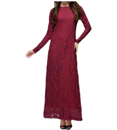 Robes Womens Fit Muslim Solid Colored Lace Trendy Islamic Kaftan Abaya - Wine Red - CT1908GCYTW $42.59