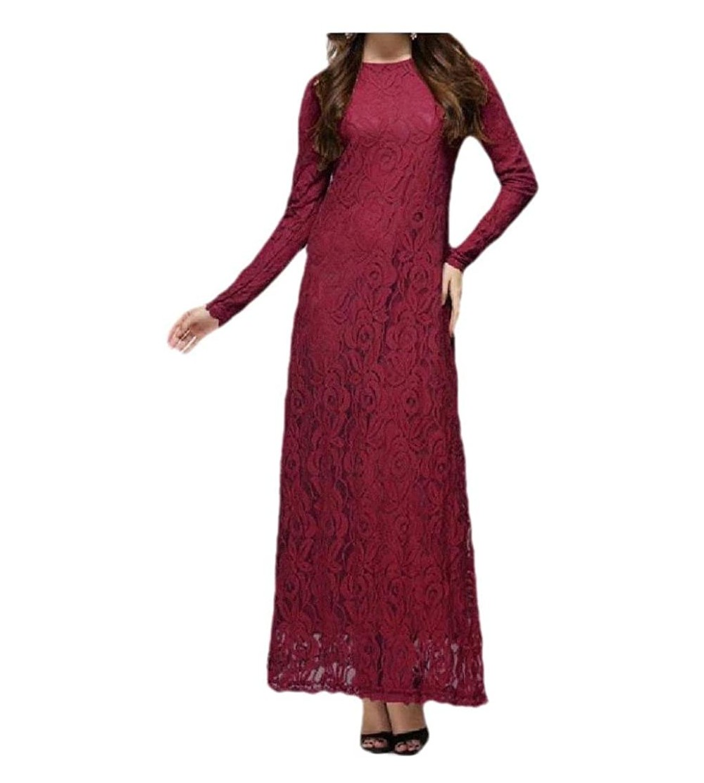 Robes Womens Fit Muslim Solid Colored Lace Trendy Islamic Kaftan Abaya - Wine Red - CT1908GCYTW $42.59