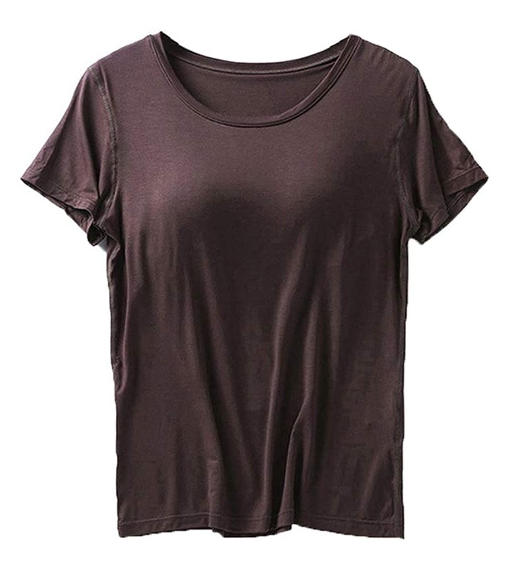 Nightgowns & Sleepshirts Women's Modal Padded Built-in-Bra T-Shirts Short Sleeve Crewneck Wire Free Shelf Bra Tops Tee Shirt ...