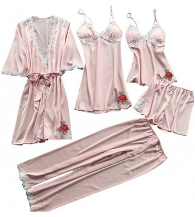 Nightgowns & Sleepshirts Sleepwear Lingerie Silk Pajamas Set Satin Robe Women Night Dress Babydoll Nightwear 5pc Suit - F - C...