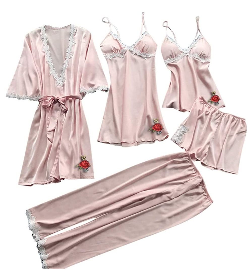 Nightgowns & Sleepshirts Sleepwear Lingerie Silk Pajamas Set Satin Robe Women Night Dress Babydoll Nightwear 5pc Suit - F - C...