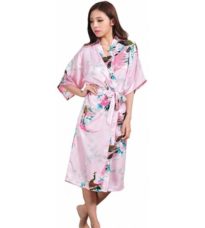 Robes Women Long Kimono Robe Peacock Satin Nightwear Peacock &Blossoms Pattern with Pocket - Pink - CM183GTECGC $50.00