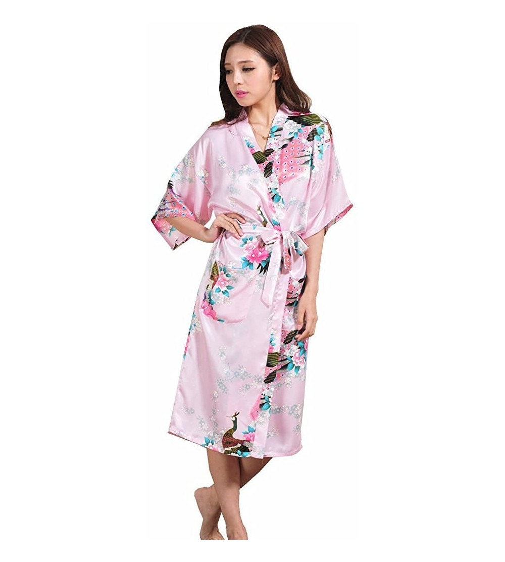Robes Women Long Kimono Robe Peacock Satin Nightwear Peacock &Blossoms Pattern with Pocket - Pink - CM183GTECGC $26.63