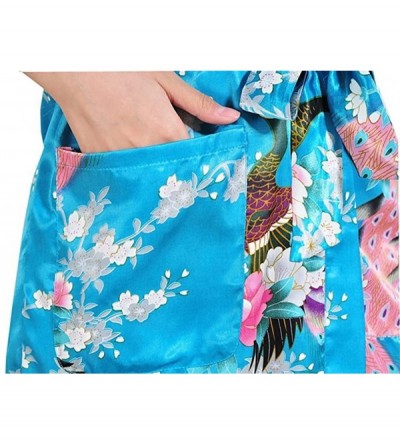 Robes Women Long Kimono Robe Peacock Satin Nightwear Peacock &Blossoms Pattern with Pocket - Pink - CM183GTECGC $26.63