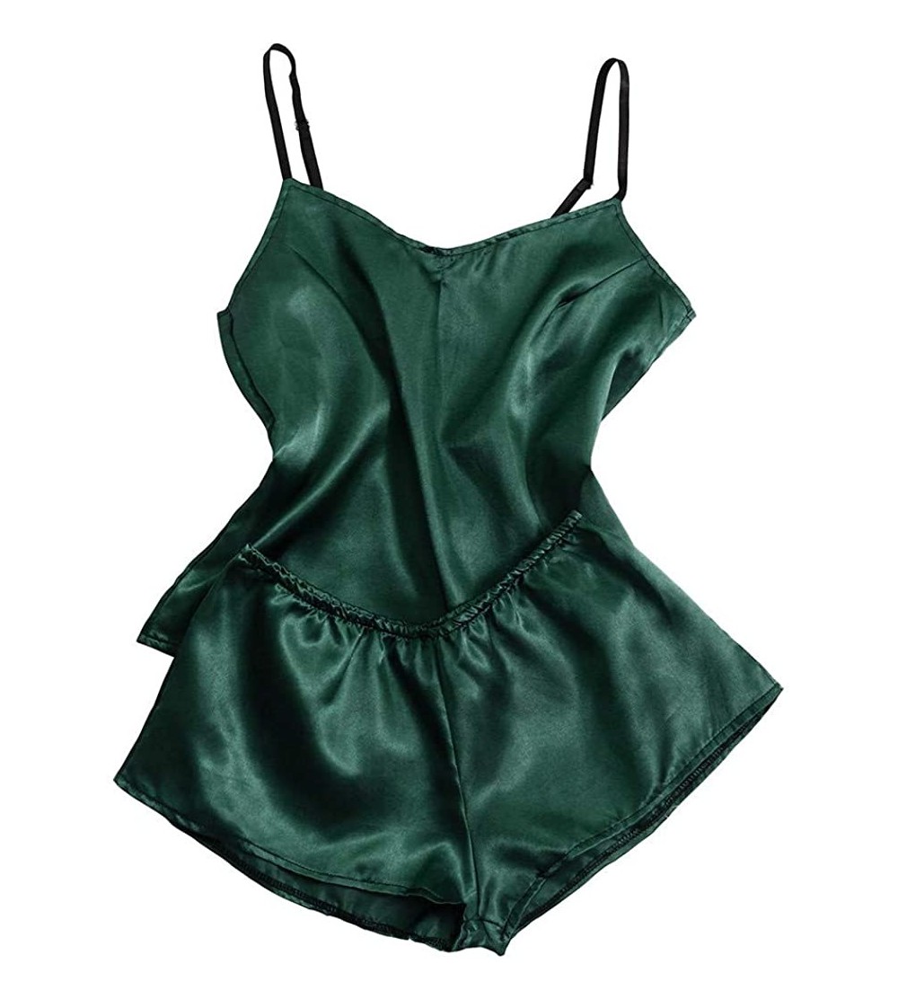 Sets Women's Lace Satin Nightwear Deep V-Neck Cami Pajamas Set Sleepwear Silk Short Pants and Vest - Green 2 - CR19DD3HR7H $1...