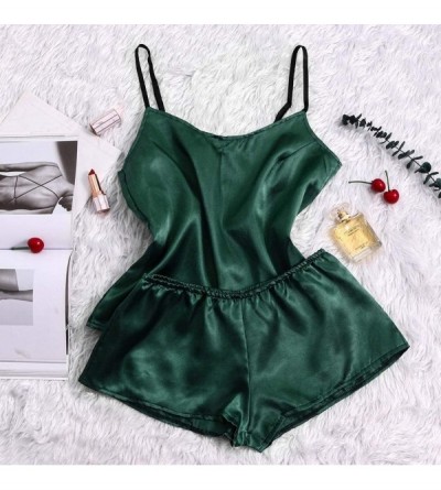 Sets Women's Lace Satin Nightwear Deep V-Neck Cami Pajamas Set Sleepwear Silk Short Pants and Vest - Green 2 - CR19DD3HR7H $1...