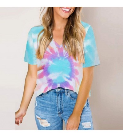 Tops Women's Tie-Dye Summer V-Neck Tops Short Sleeve Casual Loose T-Shirt Basic Tops Front Knot Blouse - Multicolor - CU19C7D...