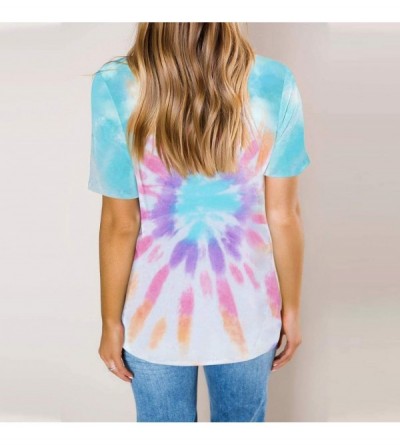 Tops Women's Tie-Dye Summer V-Neck Tops Short Sleeve Casual Loose T-Shirt Basic Tops Front Knot Blouse - Multicolor - CU19C7D...
