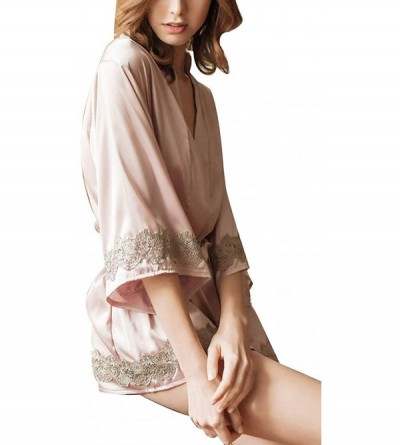 Robes Women's Lingerie Robe Satin V-Neck Short Kimono Robe with Inside Ties - Pink - C019CDSGS45 $18.51